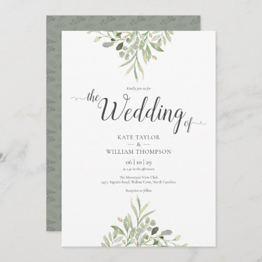 Greenery Wedding Waterverf Foliage Script Kaart (Voorkant / Achterkant)
