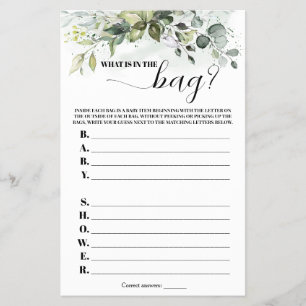 Greenery What in the Bag Baby shower Game Flyer