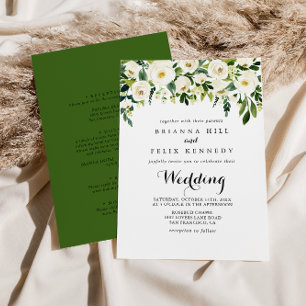Greenery White Autumn Floral Front & Back Wedding Kaart