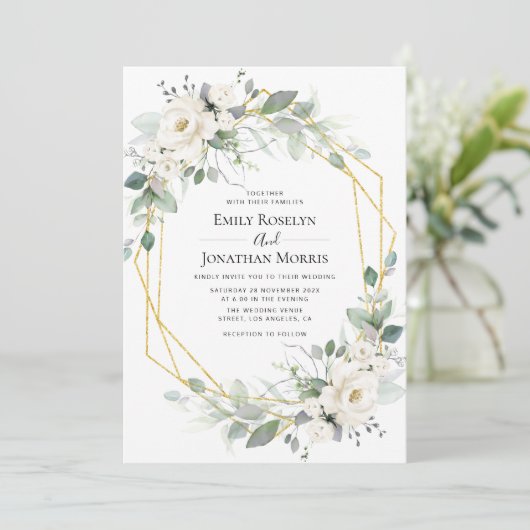 Greenery white floral lijst bruiloft-uitnodiging kaart (Staand voorkant)