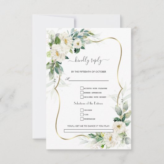 Greenery White Flowers Gold Song Request Wedding RSVP Kaartje (Voorkant)