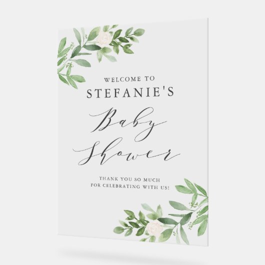Greenery White Flowers Grey Baby shower Welkom Acryl Bord (Hoek)