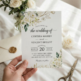 Greenery White Rose Floral Gold Leaves Wedding Kaart