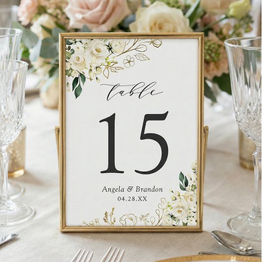 Greenery White Roses Floral Wedding Table Number Kaart