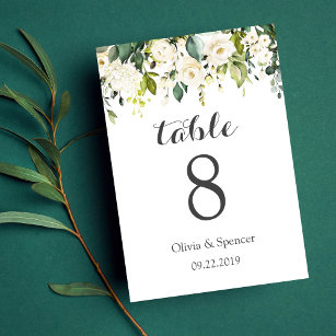 Greenery White Roses Floral Wedding Table Number Kaart