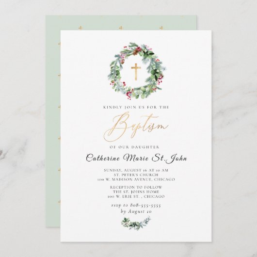 Greenery Winter Krans Faux Gouden Doop Kaart (Voorkant / Achterkant)