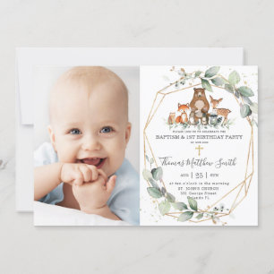 Greenery Woodland Animals Baptism & 1st Birthday Kaart