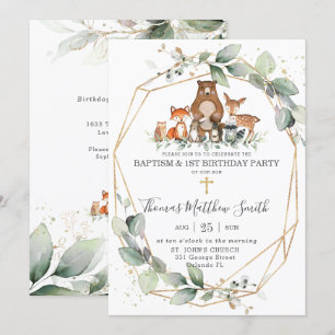 Greenery Woodland Animals Baptism & 1st Birthday Kaart
