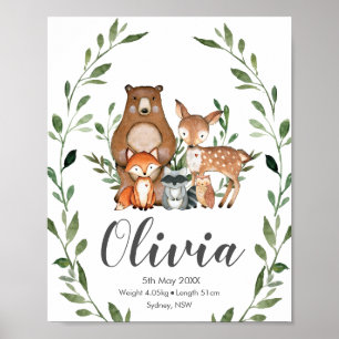Greenery Woodland Animals Birth Stats Wall Art Poster