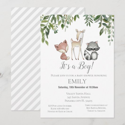 Greenery Woodland Animals Invitation - Baby shower Kaart (Voorkant / Achterkant)