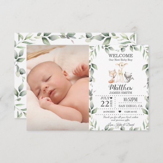 Greenery Woodland Animals New Baby Boy Foto Birth Aankondiging (Voorkant / Achterkant)