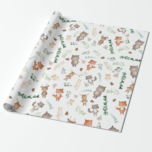 Greenery Woodland Forest Animals Baby Birthday Cadeaupapier (Uitgerold)