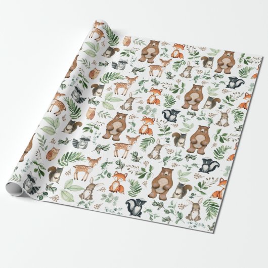 Greenery Woodland Forest Animals Birthday Wild One Cadeaupapier (Uitgerold)