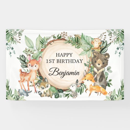 Greenery Woodland Forest Animals Happy Birthday Spandoek (Horizontaal)
