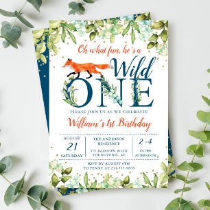 Greenery Woodland Wild One Fox First Birthday Kaart