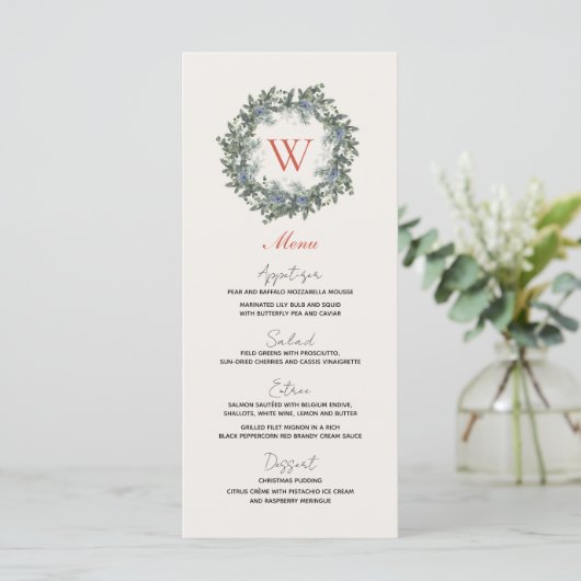 Greenery Wreate Monogram kerstfeestdag diner Menu (Staand voorkant)