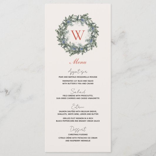 Greenery Wreate Monogram kerstfeestdag diner Menu (Voorkant)