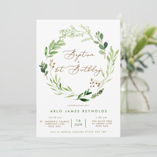 Greenery Wreath Baptism & 1st Birthday Kaart (Staand voorkant)