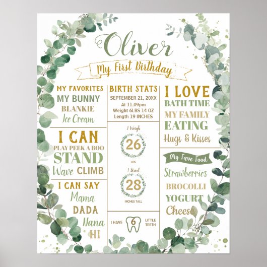 Greenery Wreath Birthday Milestone Birth Stats Poster (Voorkant)