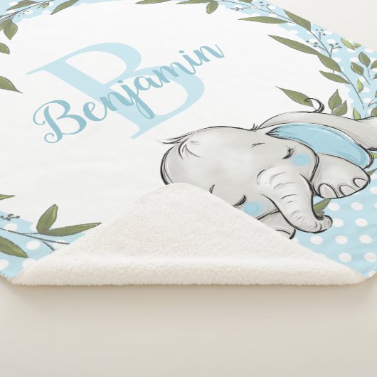 Greenery Wreath Blue Elephant Personalized Boy Sherpa Deken (3/4)