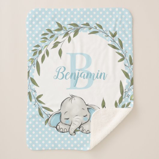 Greenery Wreath Blue Elephant Personalized Boy Sherpa Deken (Voorkant)