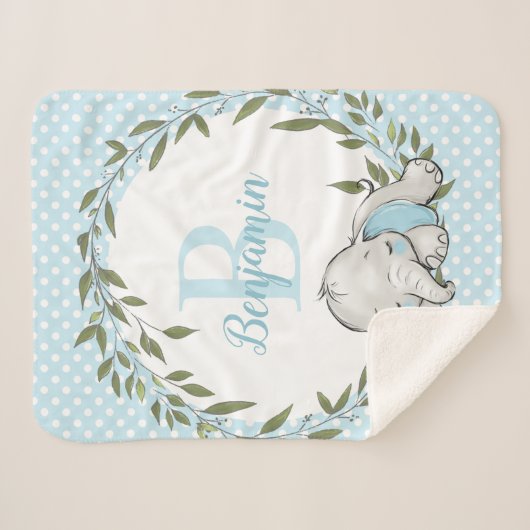 Greenery Wreath Blue Elephant Personalized Boy Sherpa Deken (Voorkant (horizontaal))