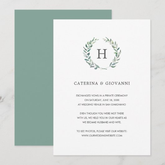 Greenery Wreath Elegant Monogram Elopement Wedding Aankondiging (Voorkant / Achterkant)