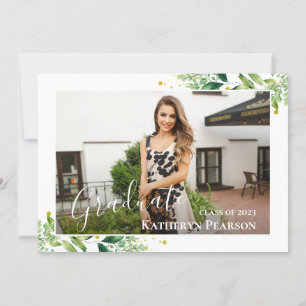 Greenery Wreath Gold Navy Blue 2 Photo Afstuderen Kaart
