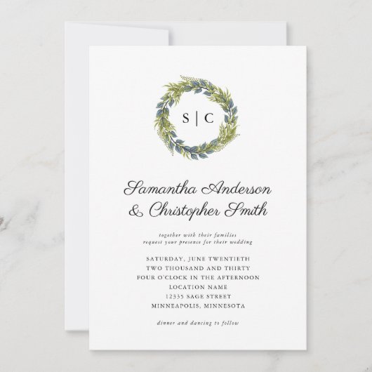 Greenery Wreath Monogram Light Blauwgroen Wedding Kaart (Voorkant)