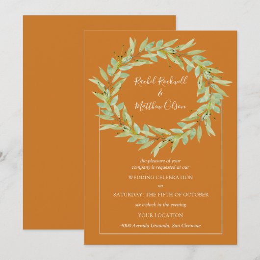 Greenery Wreath op Ochre Wedding Kaart (Voorkant / Achterkant)
