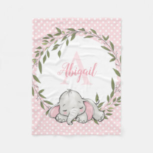 Greenery Wreath Pink Elephant Personalized Girl Fleece Deken