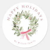 Greenery Wreath & Red Bow Holiday Ronde Sticker (Voorkant)