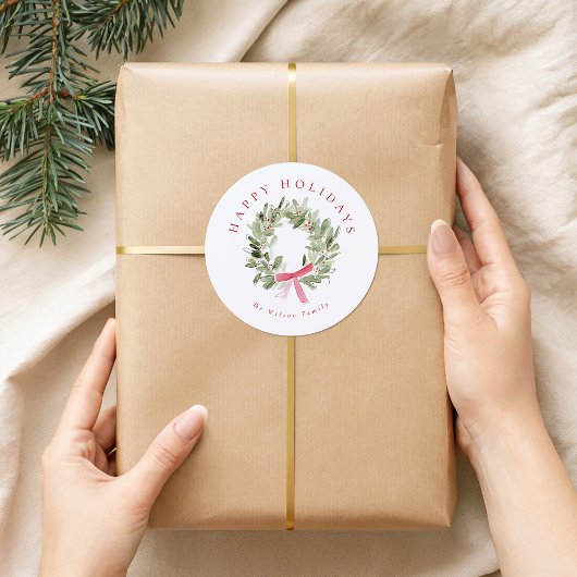 Greenery Wreath & Red Bow Holiday Ronde Sticker