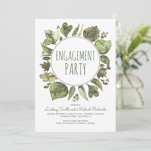 Greenery Wreath Rustic Woodland Engagement Party Kaart (Staand voorkant)
