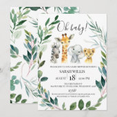 Greenery Wreath Safari Animals Baby shower Kaart (Voorkant / Achterkant)