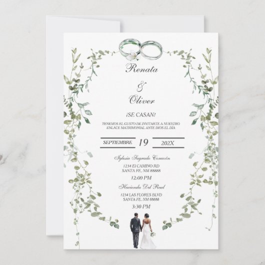 Greenery wreath Spanish Wedding Invitation Kaart (Voorkant)