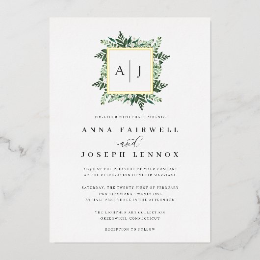 Greenhouse Monogram | Groen botanisch huwelijk Folie Uitnodiging (Voorkant)
