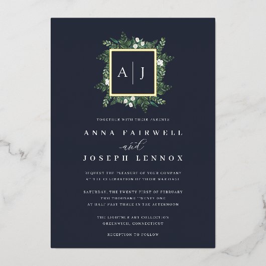 Greenhouse Monogram | Groen botanisch huwelijk Folie Uitnodiging (Voorkant)
