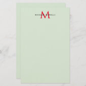 Greenish Grey & Red Monogram Modern Minimalist Briefpapier (Voorkant / Achterkant)