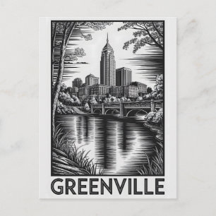 Greenville South Carolina Zwart Wit Houtsnede Feestdagenkaart