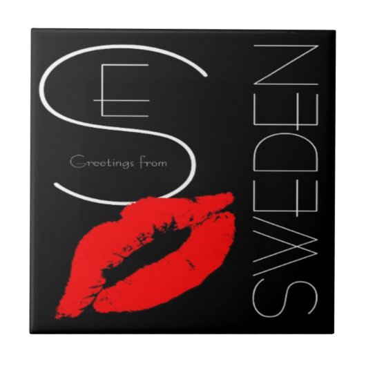 Greetings uit Zweden Red Lipstick Love Kiss Black Tegeltje (Voorkant)