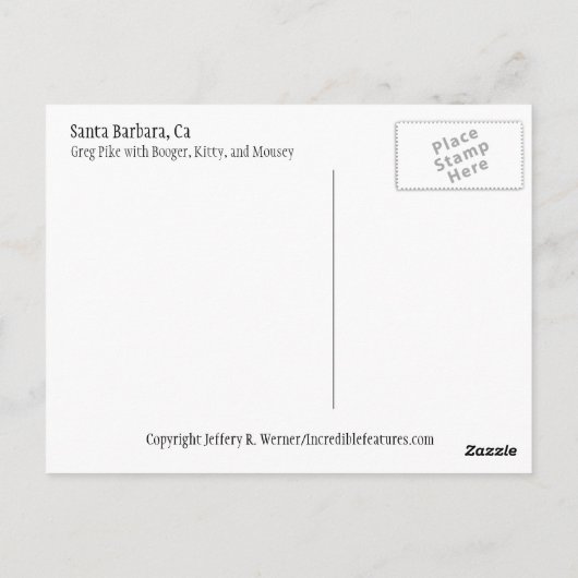 Greg Pike met Booger, Kat en Mousey Briefkaart (Achterkant)
