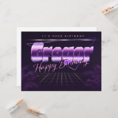 Gregor prénom carte rétro lila pour un anniversair (Devant/Arrière en situation)