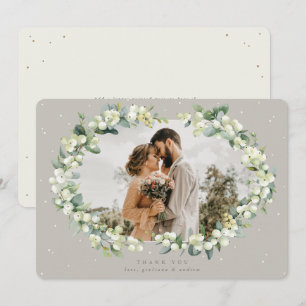 Greige/Cream Snowberry+Eucalyptus trouwfoto Bedankkaart