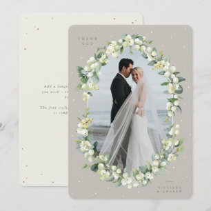 Greige/Cream Snowberry+Eucalyptus trouwfoto Bedankkaart