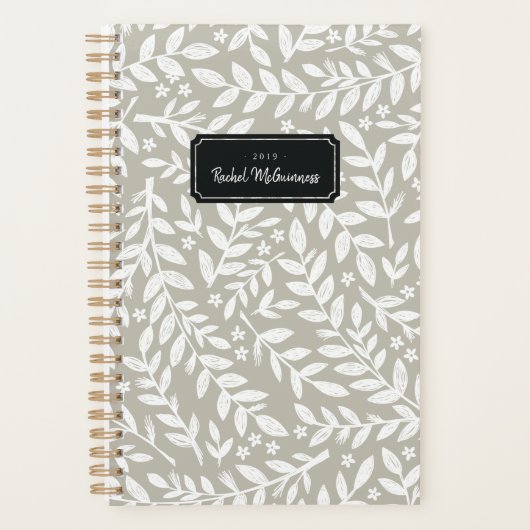 Greige Sketched Floral Leaf Year en Name Planner (Voorkant)