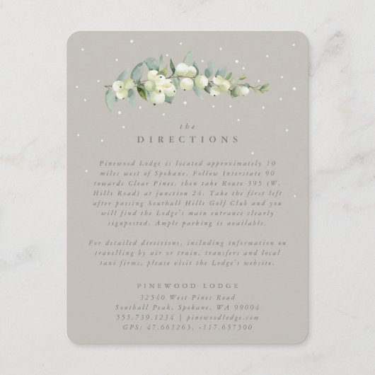 Greige Snowberry+Eucalyptus Bruiloft Aanwijzingen Informatiekaartje (Voorkant)
