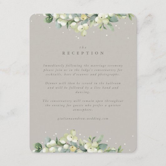 Greige Snowberry + Eucalyptus bruiloft receptie Informatiekaartje (Voorkant)