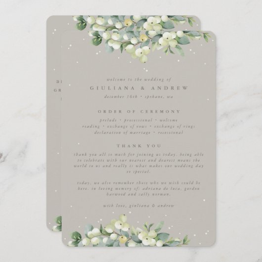 Greige Snowberry + Eucalyptus Winter bruiloft Programma (Voorkant / Achterkant)