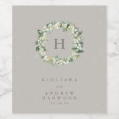 Greige Snowberry + Eucalyptus Winter bruiloft Wijn Etiket (Enkel label)